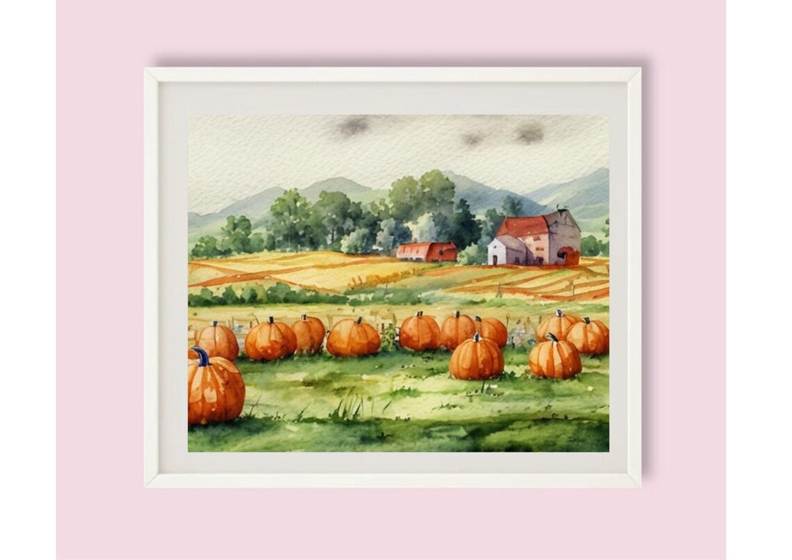 Pumpkin Patch and Farmhouse Watercolor Autumn Farm Scene Poster - Image 6