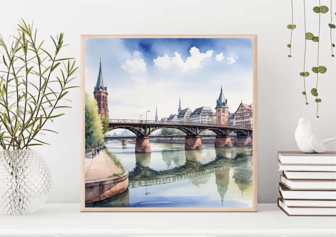 Frankfurt Iron Bridge Main River Church Towers Watercolor Poster - Image 4