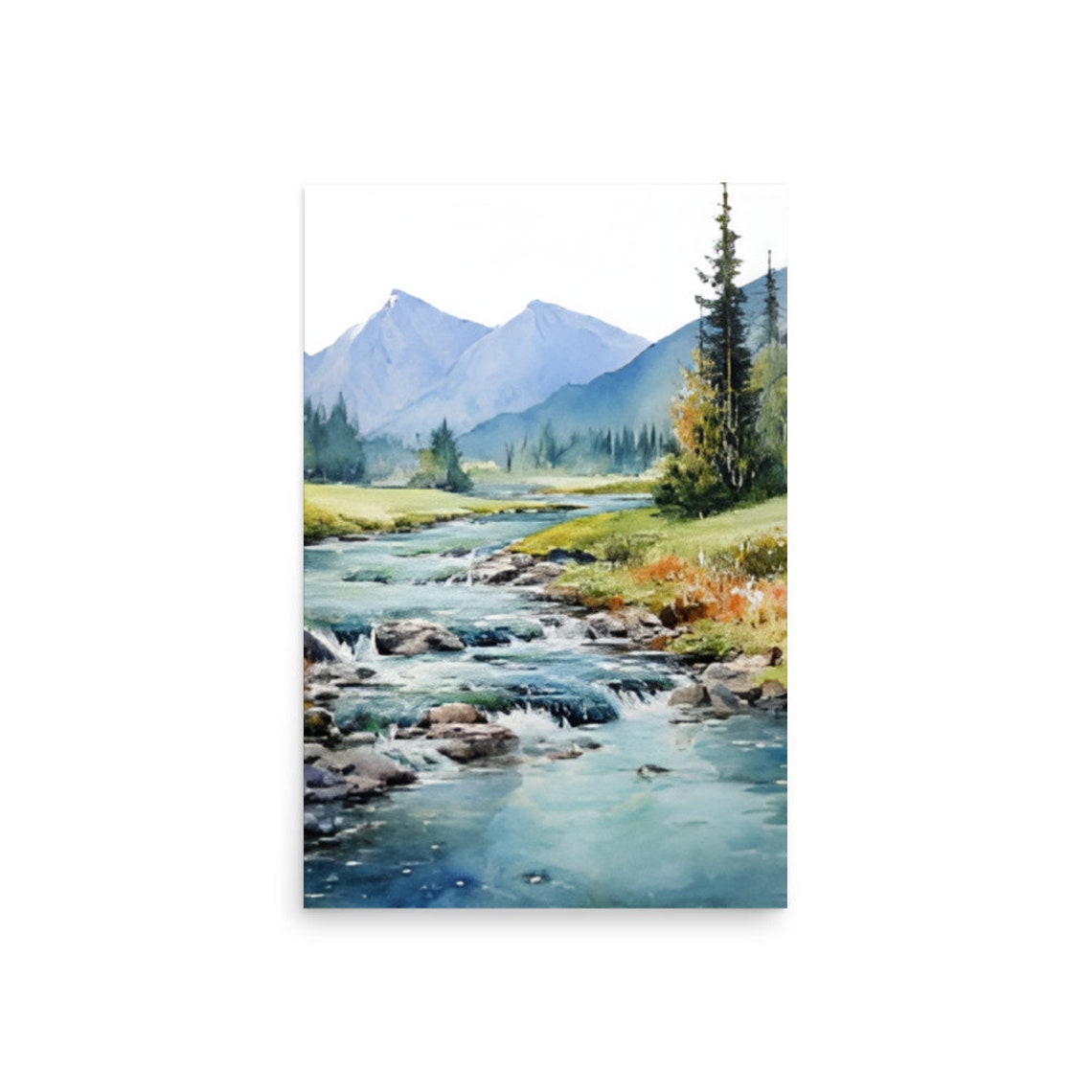 Rocky Mountain River Rushing Through Pine Forest Watercolor Poster - Image 2