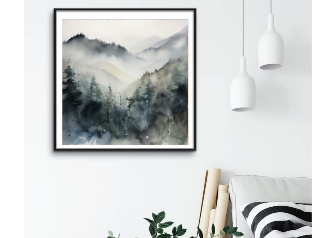 Foggy Pine Forest Watercolor in Muted Gray and Blue Tones Poster - Image 4