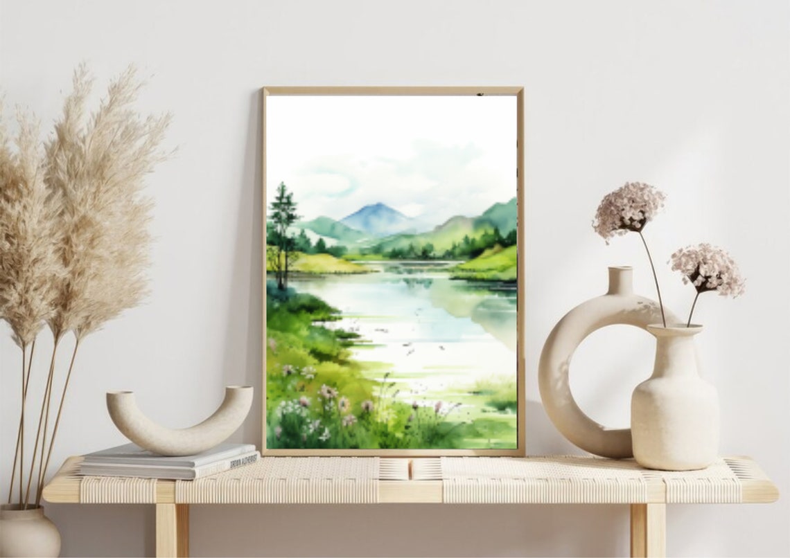 Spring Mountain Lake Wildflower Meadow Fresh Green Watercolor Poster - Image 5