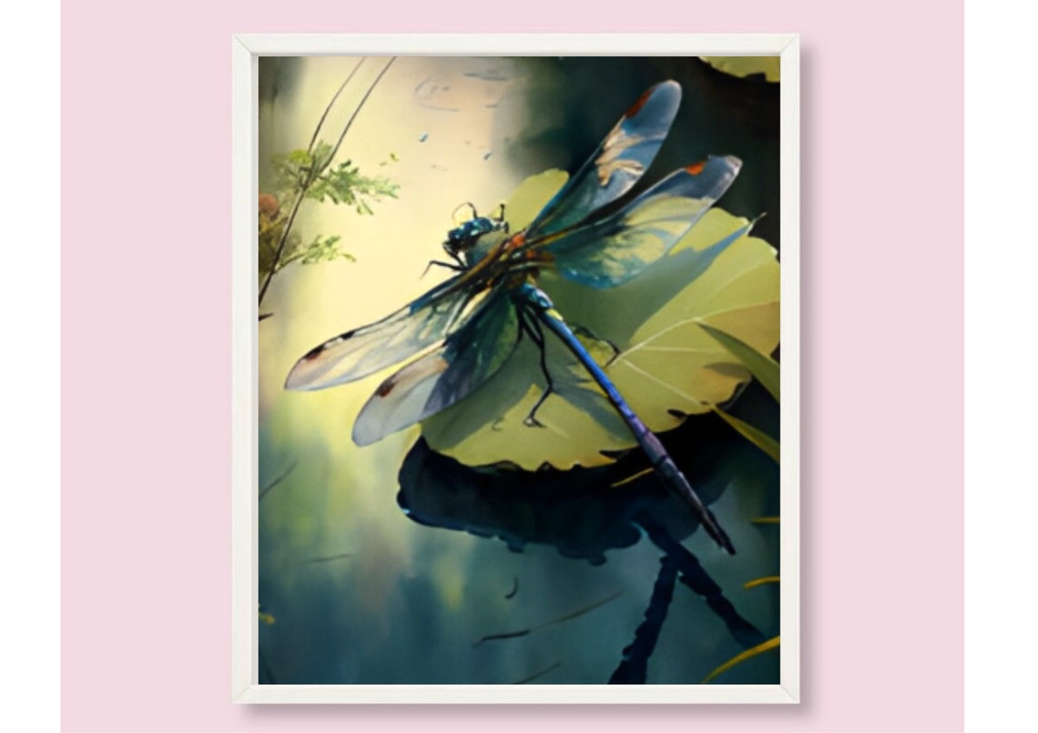 Blue Dragonfly Resting on a Water Lily Leaf Watercolor Poster - Image 6