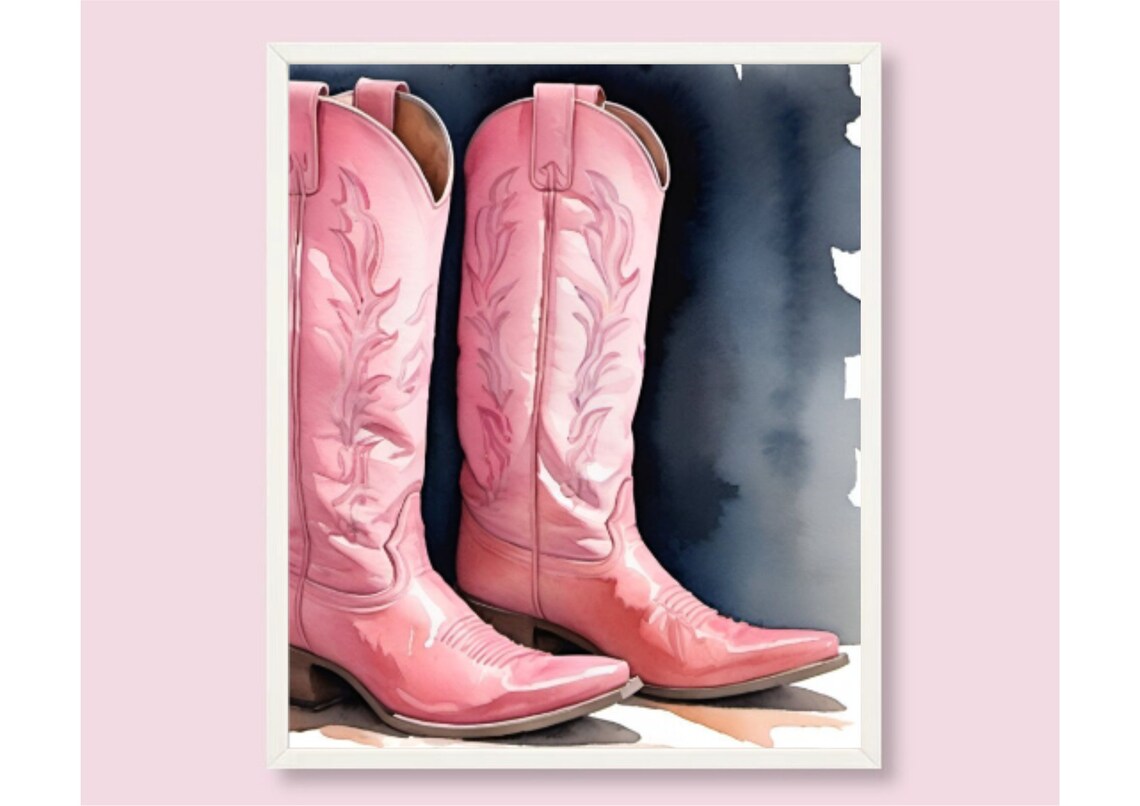 Glossy Pink Cowgirl Boots Western Watercolor Fashion Statement Poster - Image 6