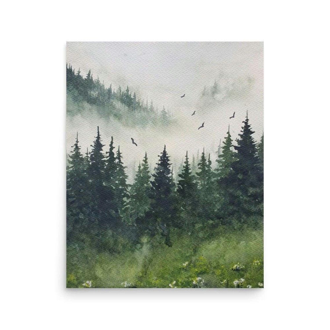 Misty Pine Forest Birds Flying Watercolor Pacific Northwest Art Poster