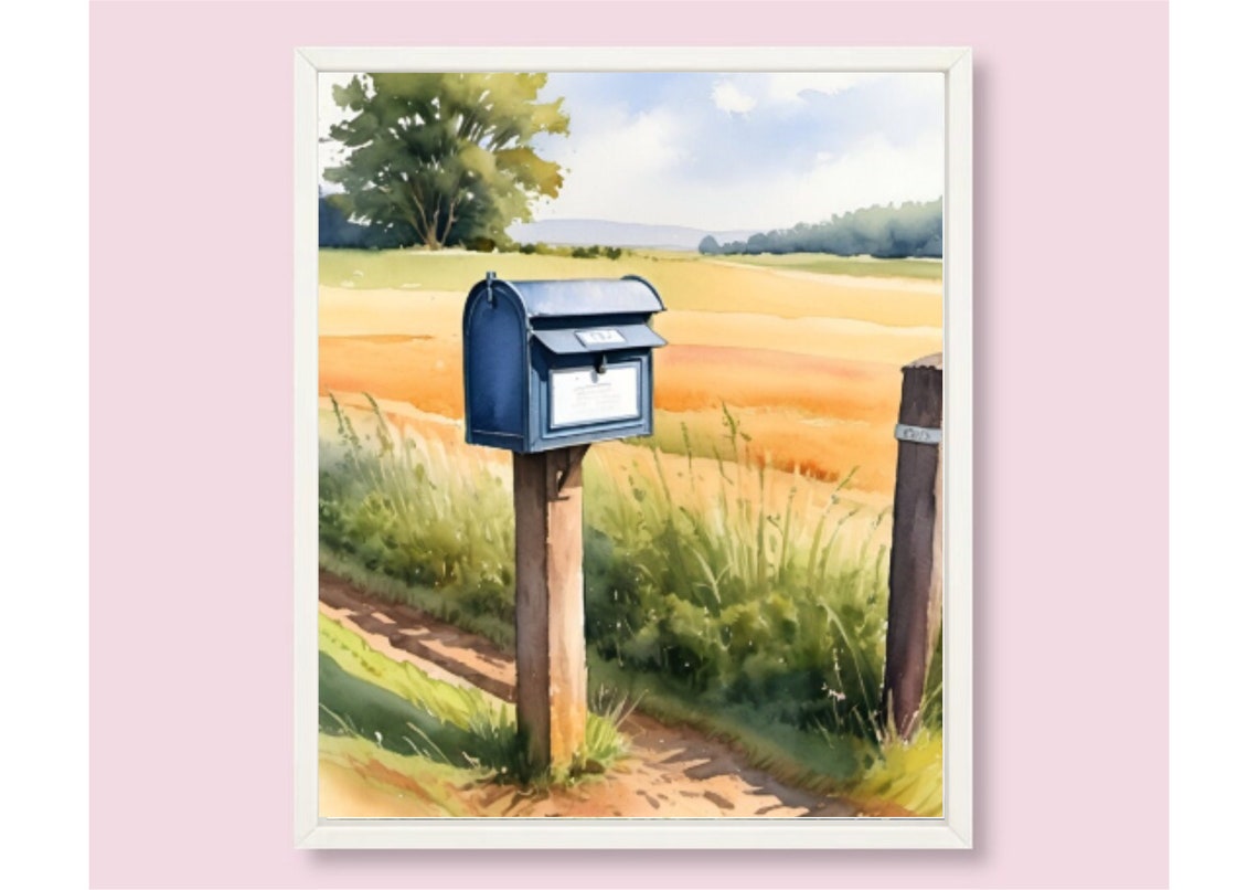 Blue Mailbox Country Road Wheat Field Rustic Watercolor Poster - Image 6