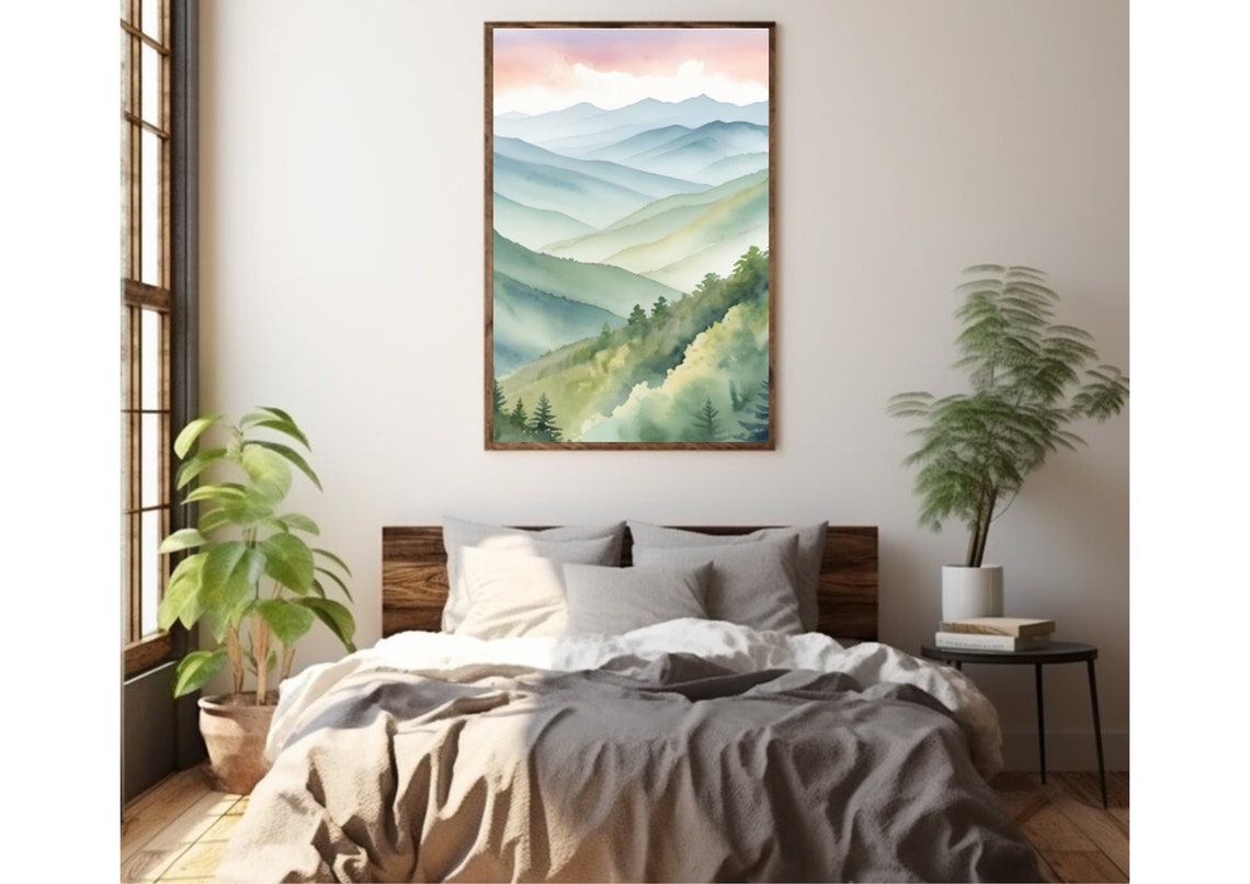 Great Smoky Mountains Misty Blue Ridges Sunrise Watercolor Poster - Image 3