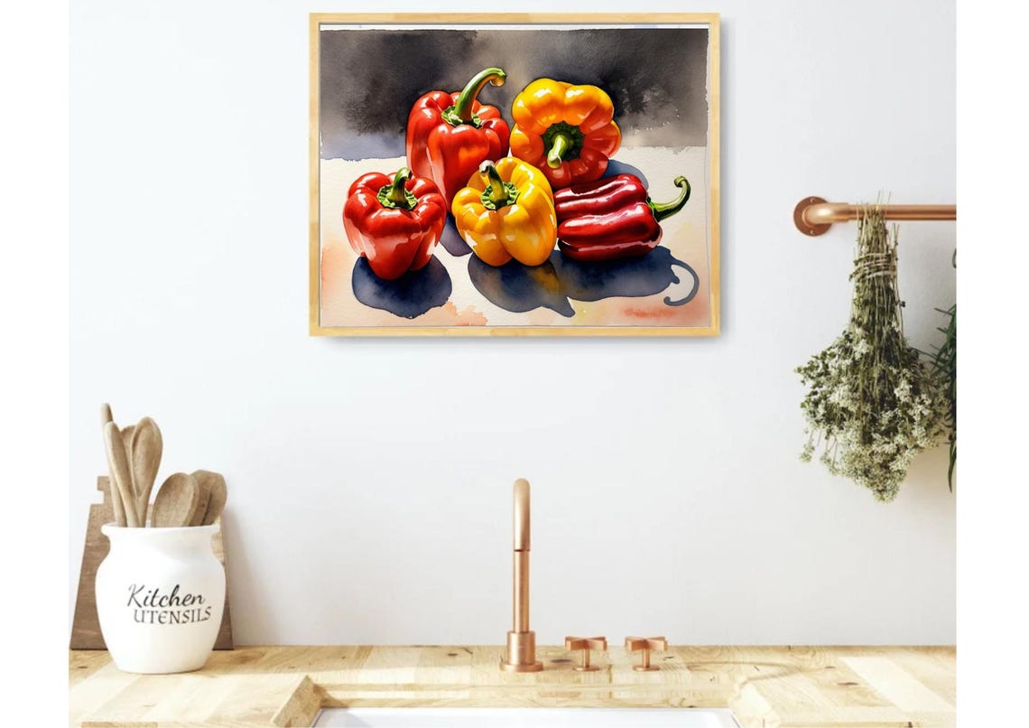 Red And Yellow Bell Peppers Group Watercolor Kitchen Still Life Poster - Image 5