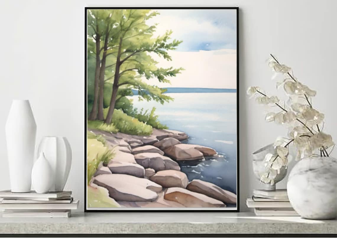 Lake Ontario Rocky Shore Pine Lake Watercolor Landscape Poster - Image 5