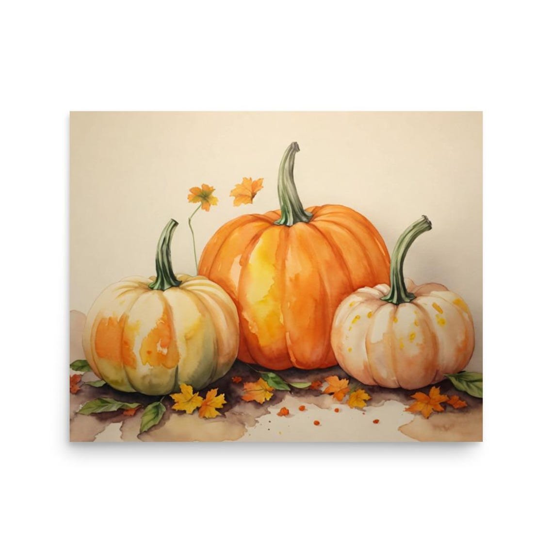 Pumpkins With Autumn Leaves Watercolor Fall Still Life Kitchen Poster - Image 3