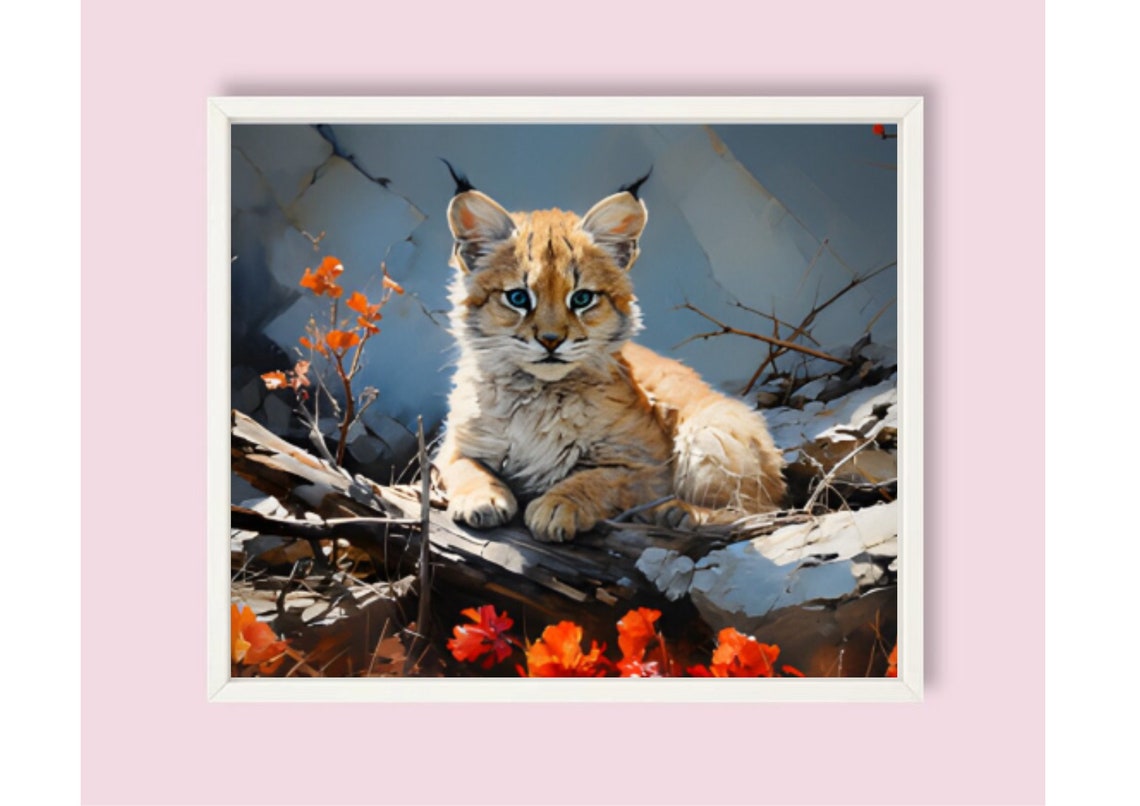 Young Lynx Resting On Fallen Log Among Red Leaves Watercolor Poster - Image 6