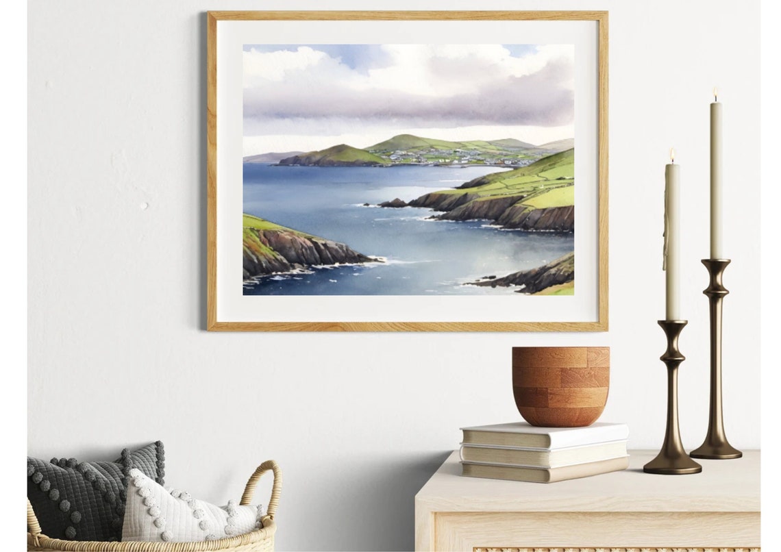 Dingle Peninsula Watercolor Painting Irish Coastal Art Print Ireland Landscape Wall Art Green Hills Art Seascape Beach Print Farmland Art - Image 3