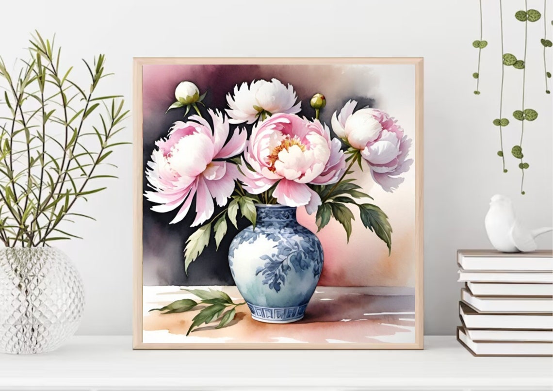 Peony Painting Pink Peonies In Blue Vase Watercolor Art Print Floral Still Life Wall Art Pink Flowers Still Life Art Botanical Poster - Image 6