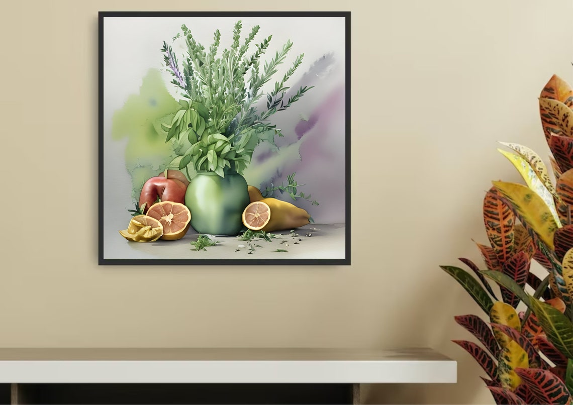 Herb Bouquet In Green Vase With Sliced Citrus Watercolor Kitchen Print - Image 2