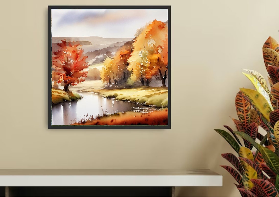 Autumn River Landscape Watercolor With Golden Fall Trees Poster - Image 4