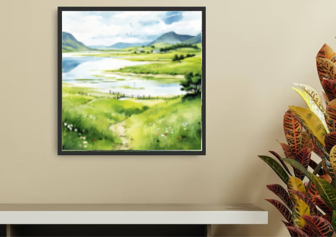 Sunlit Green Meadow River And Hills Watercolor Landscape Wall Art - Image 4
