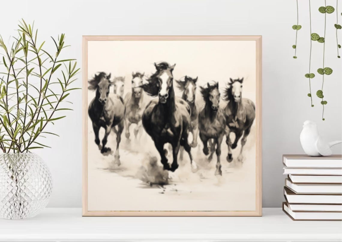 Galloping Horse Herd Watercolor Monochrome Motion Art Poster - Image 3