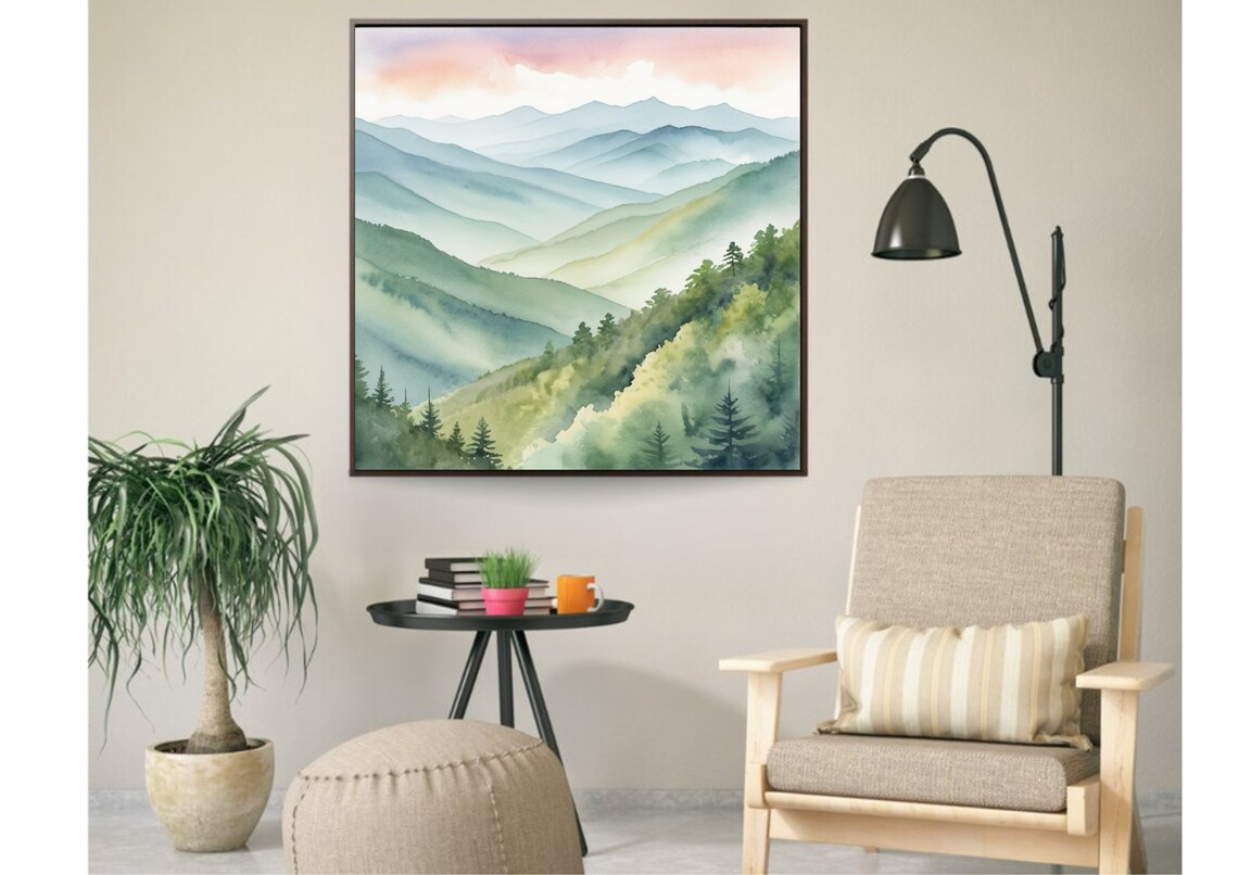 Great Smoky Mountains Misty Blue Ridges Sunrise Watercolor Poster - Image 4