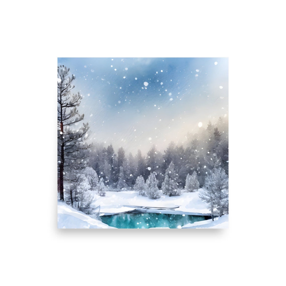 Snow Falling Over Turquoise Lake In Snowy Pine Forest Art Poster - Image 2