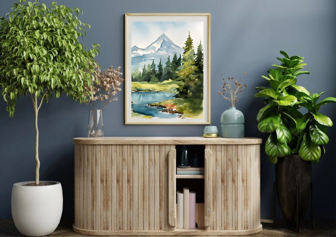 Snowy Mountain Peak Watercolor With Pines and a Quiet River Poster - Image 5