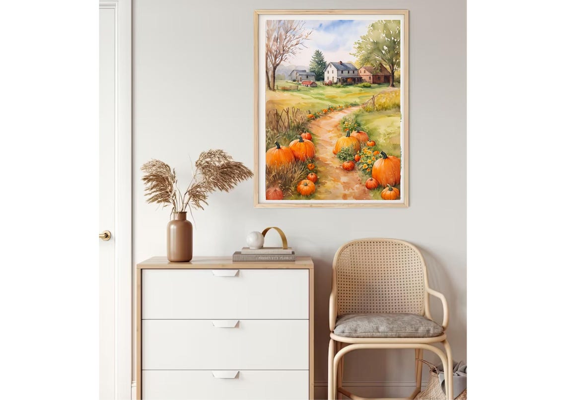 Farm Watercolor Painting Pumpkins Patch Art Print Autumn Farm Landscape Wall Art Barn Painting Country Farmhouse Autumn Landscape Artwork - Image 5
