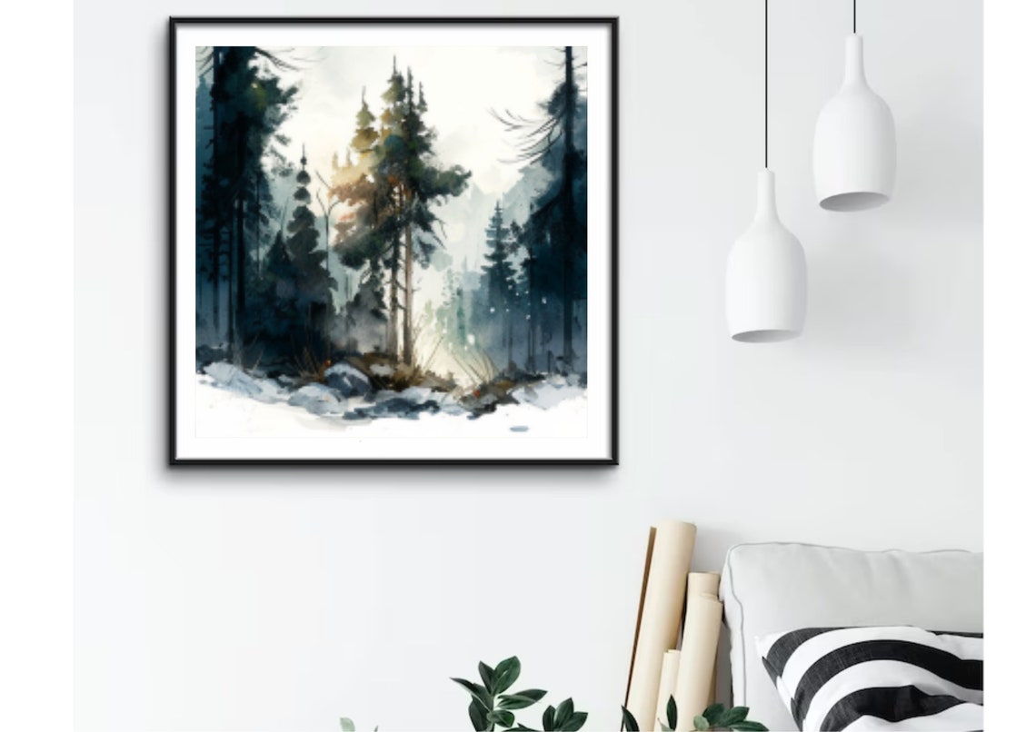 Tall Pines in Fog Sunlight Breaking Through Forest Watercolor Poster - Image 2