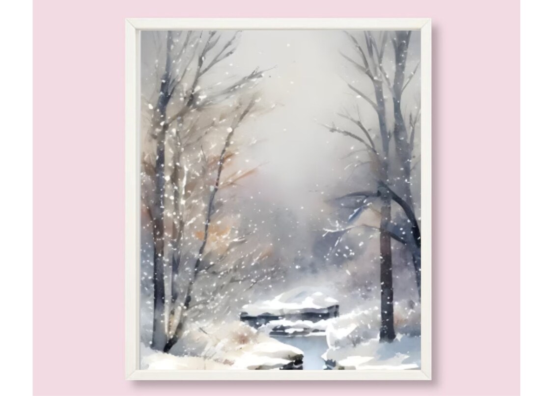 Winter Foggy Forest and River Watercolor Art Print - Image 6
