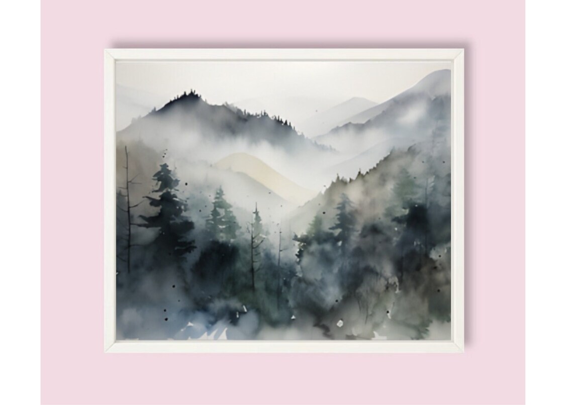 Foggy Pine Forest Watercolor in Muted Gray and Blue Tones Poster - Image 6