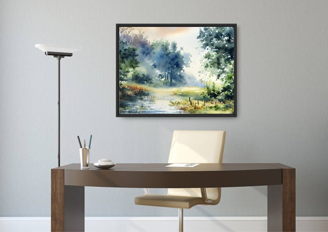 Misty Forest River Watercolor in Soft Green Morning Tones Poster - Image 5