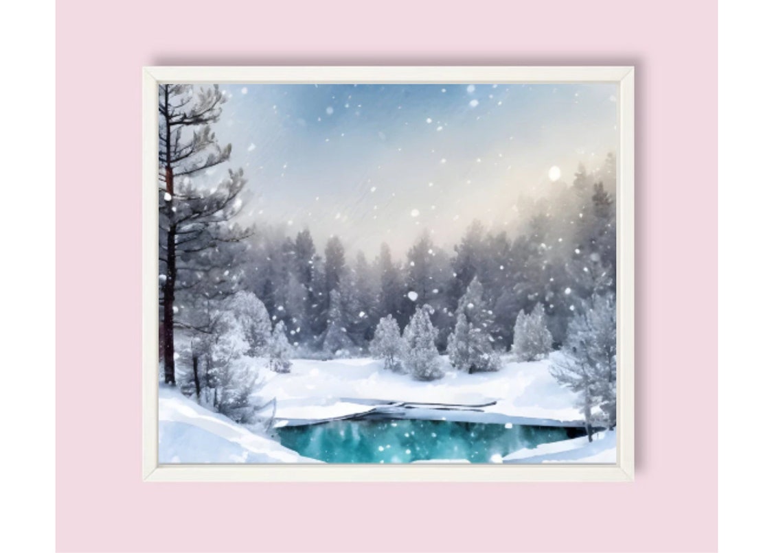 Snow Falling Over Turquoise Lake In Snowy Pine Forest Art Poster - Image 6