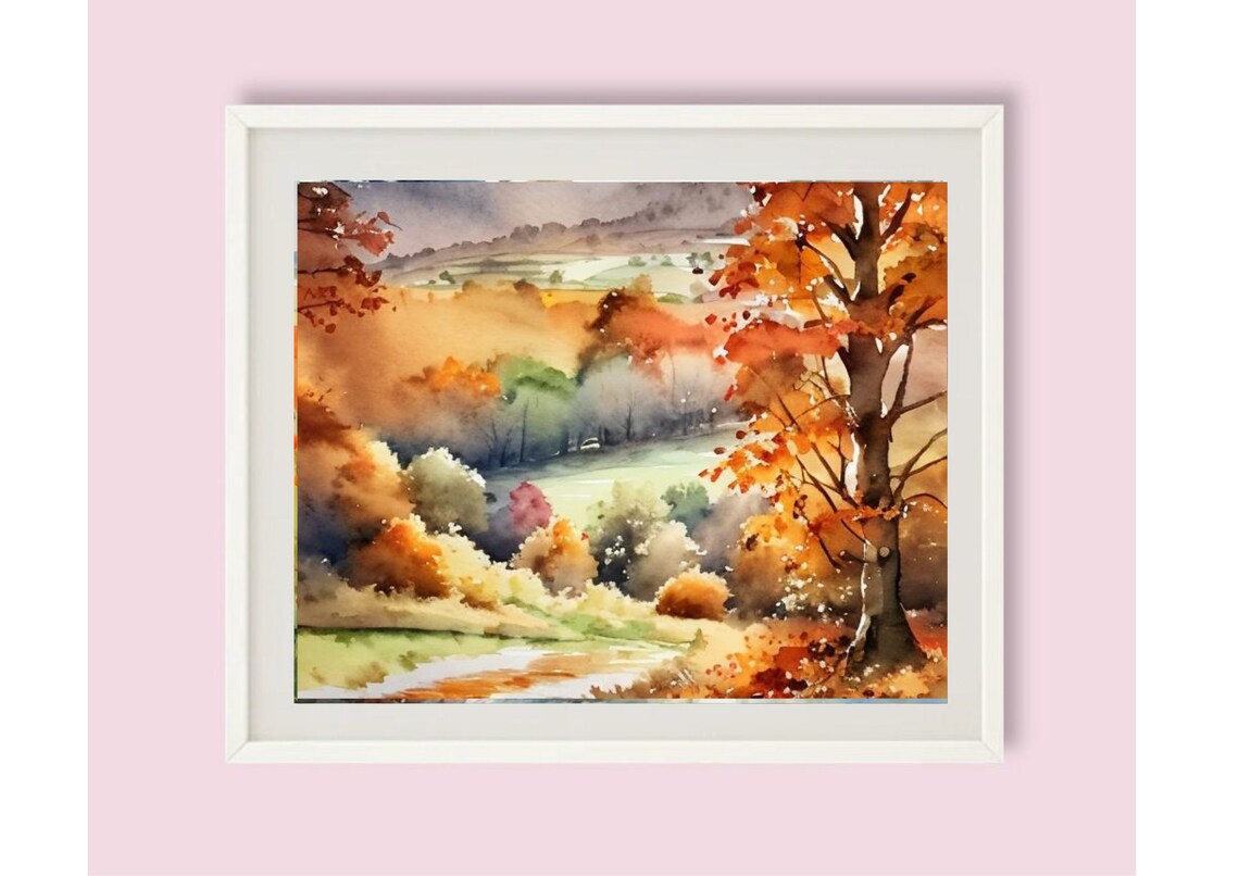 Autumn English Country Landscape Watercolor Art Print - Image 6