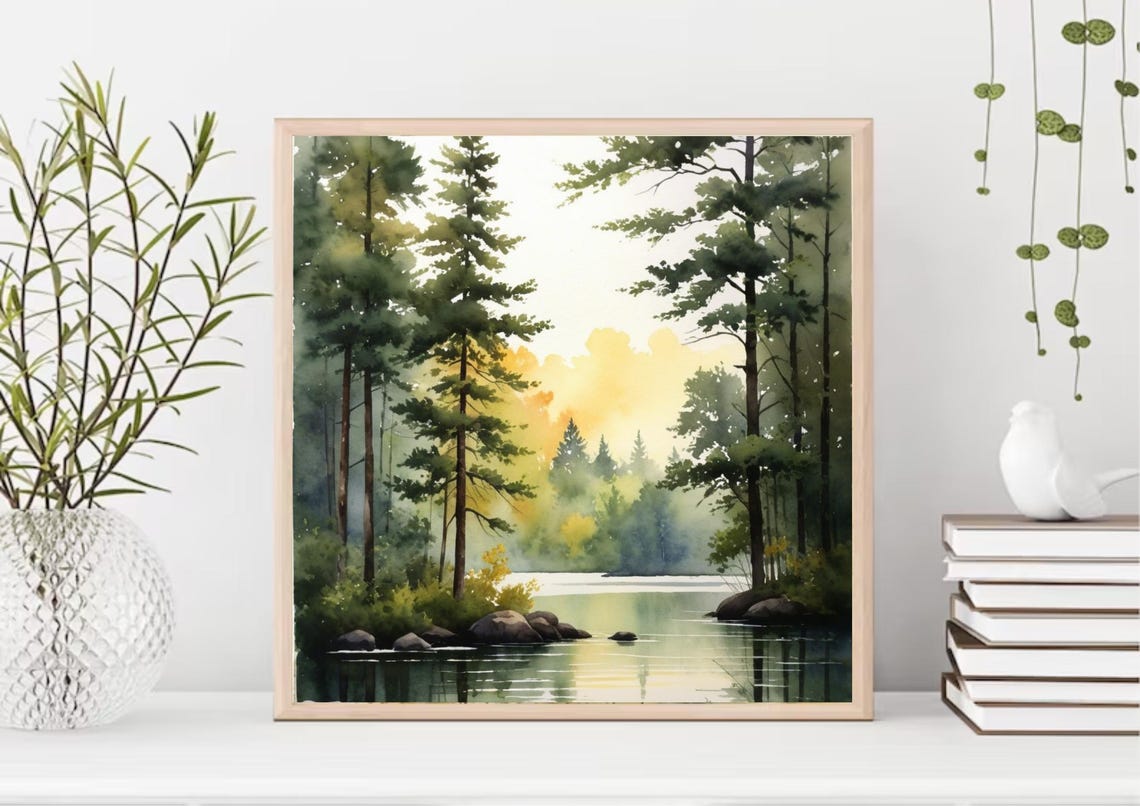 Soft Misty Pine Forest Lake Watercolor Morning Light Scene Poster - Image 5