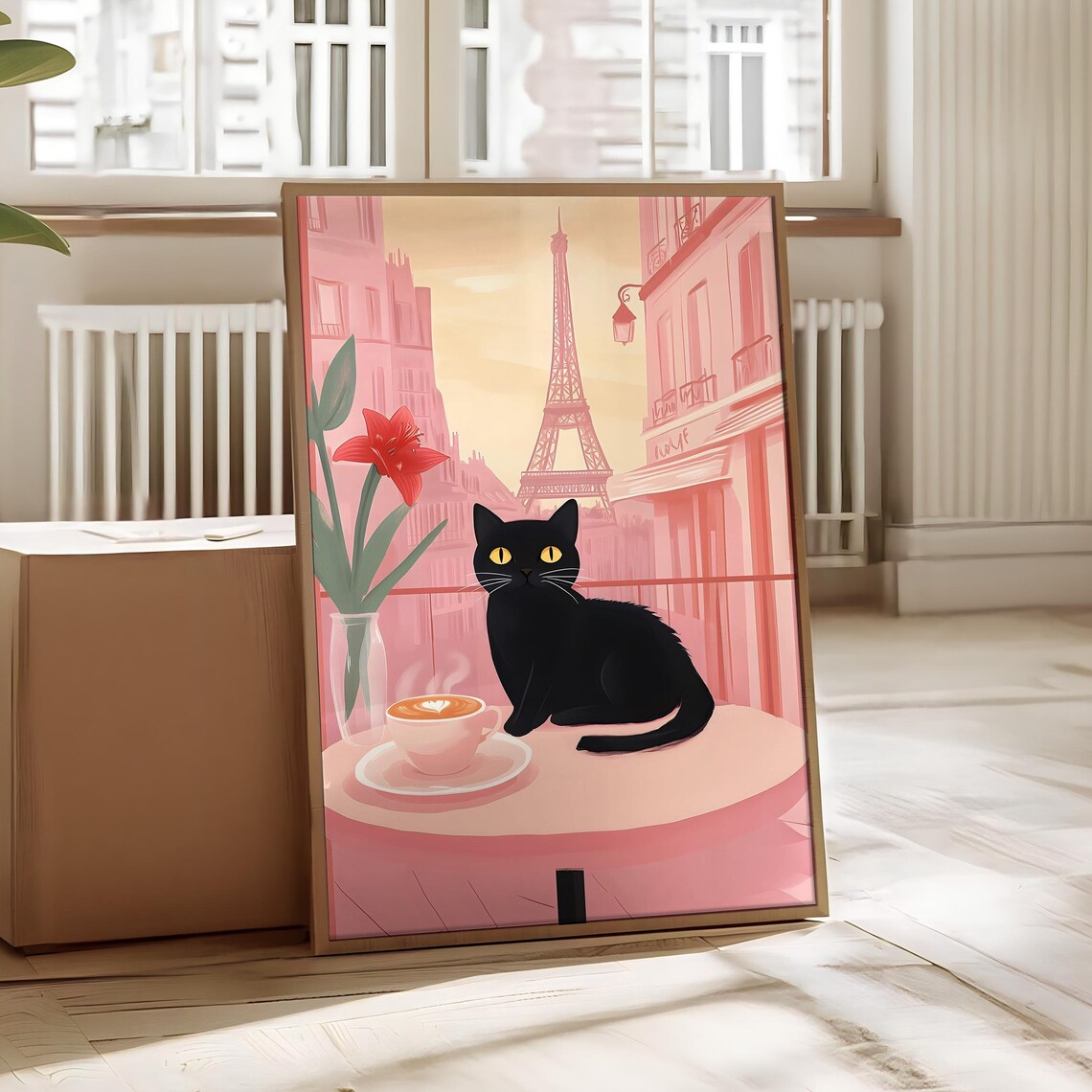 Black Cat At Paris Cafe Pink Eiffel Tower View Coffee Illustration Poster