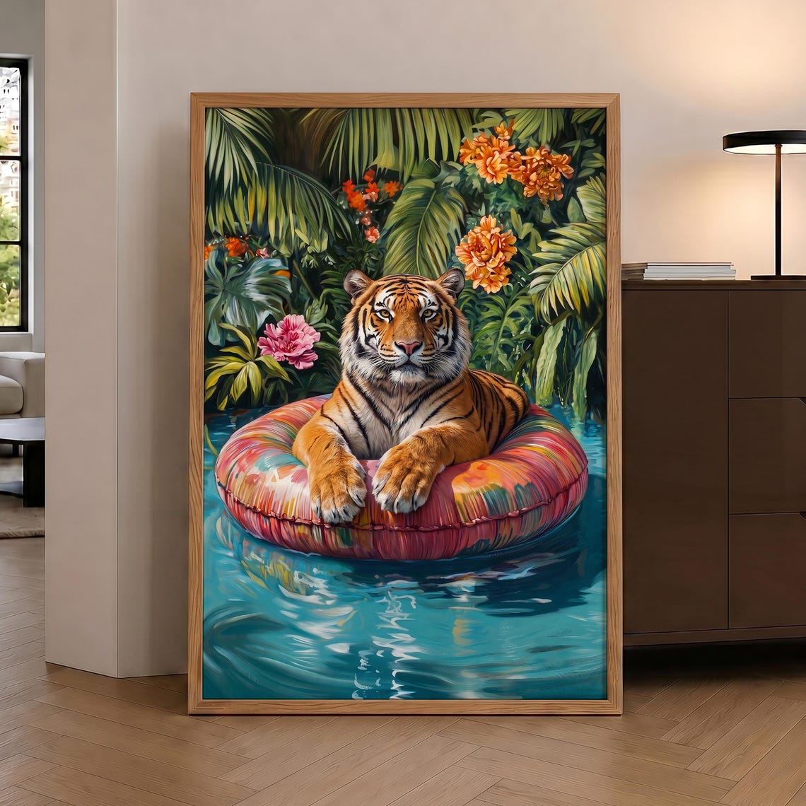 Tiger Floating On Pool Ring Tropical Jungle Pool Party Art Poster