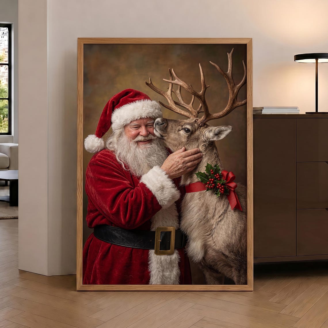 Santa And Reindeer Christmas Print Vintage Holiday Wall Art Funky Retro Poster Claus Optional Frame