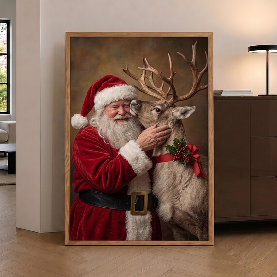 Cozy Santa and Reindeer Vintage Christmas Holiday Photo Art Poster