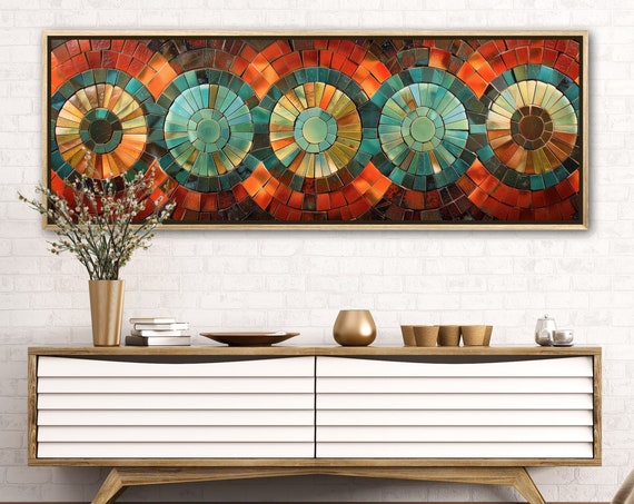 Mosaic Pattern Harmony Mosaic Kaleidoscope Art In Vivid Colors Print Geometric Artwork In Long Narrow Wall Art For Above Bed Decor