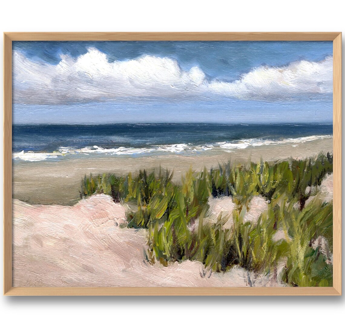 Coastal Dune Grass Beach Waves Oil Painting Neutral Seascape Poster