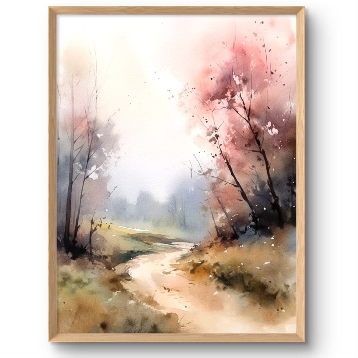 Spring Landscape Art Print Abstract Blooming Trees Watercolor Style Wall Minimalist Decor