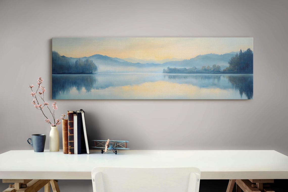 Panoramic Blue Misty Lake Dawn Still Water Golden Glow Scenic Poster - Image 4