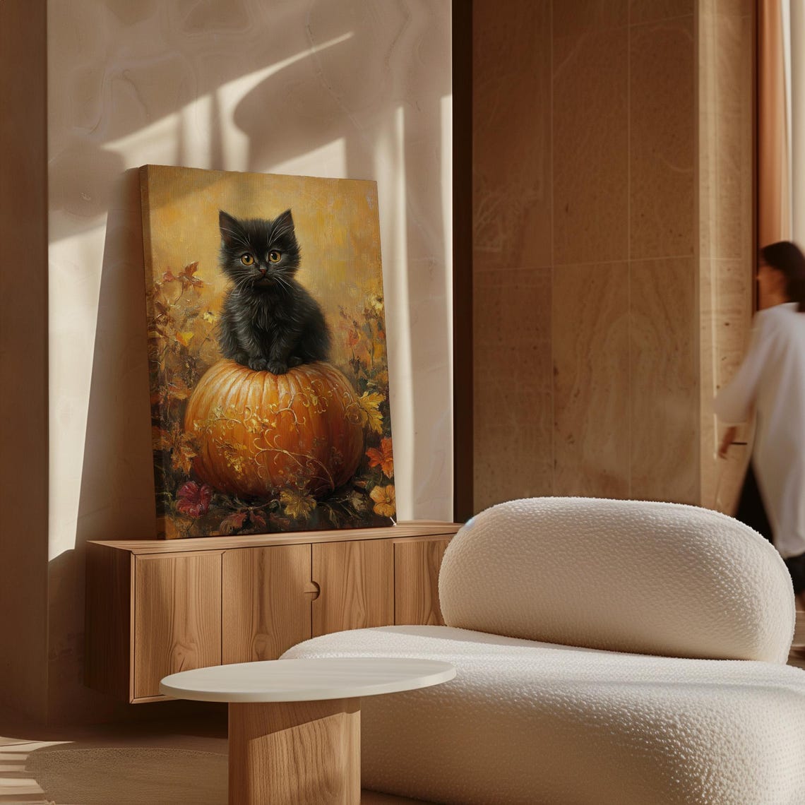 Adorable Black Kitten On Pumpkin Autumn Fall Cozy Cat Wall Art - Image 4