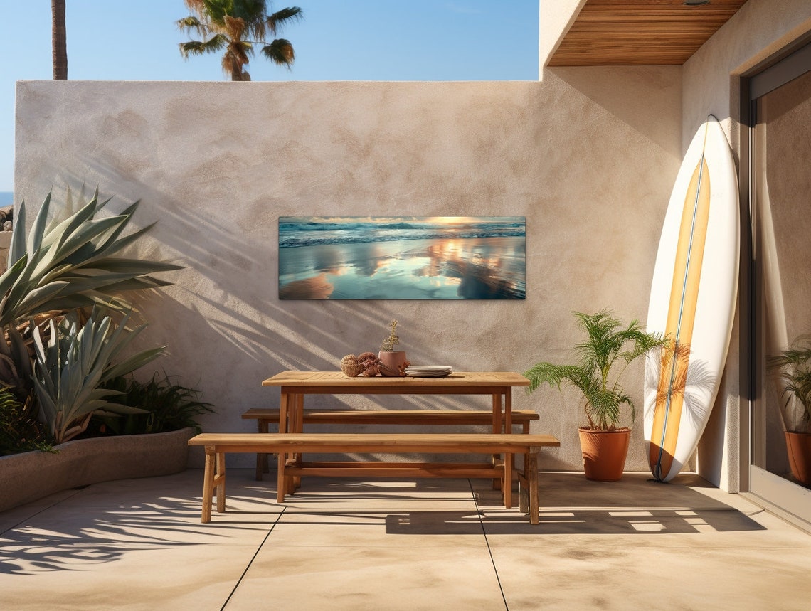 Golden Sunset Waves Ocean Shore Sky Reflections Panoramic Wall Art - Image 6