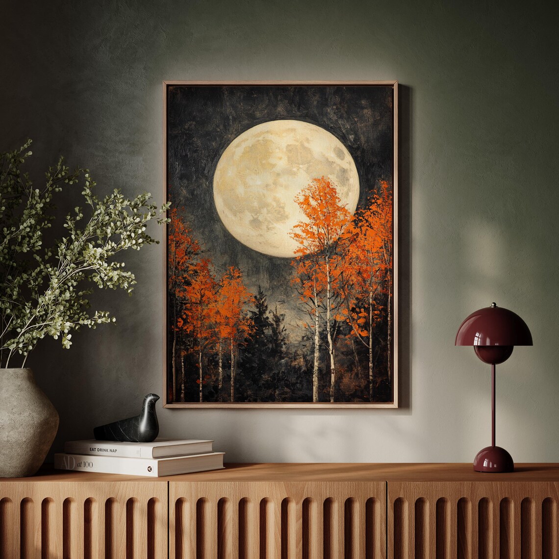 Full Moon With Autumn Birch Trees, Rustic Wall Art Print - Image 4