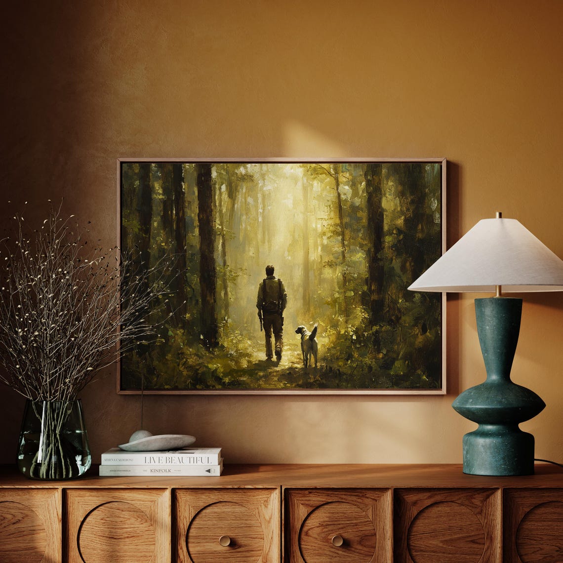 Man And Dog Walking Sunlit Forest Trail Adventure Painting Poster - Image 4