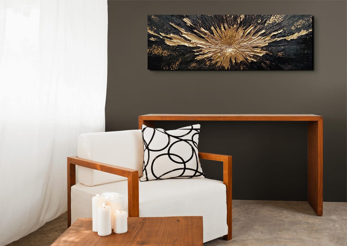 Gold Splash Burst On Black Textured Abstract Panoramic Art Poster - Image 7