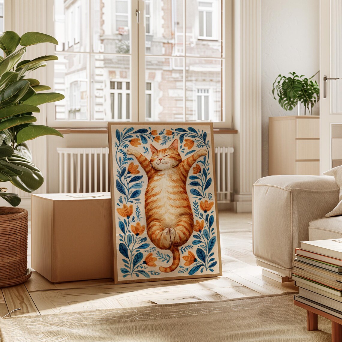 Happy Orange Tabby Cat Relaxing Among Flowers Folk Art Print