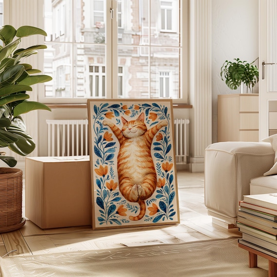 Happy Orange Tabby Cat Relaxing Among Flowers Folk Art Print