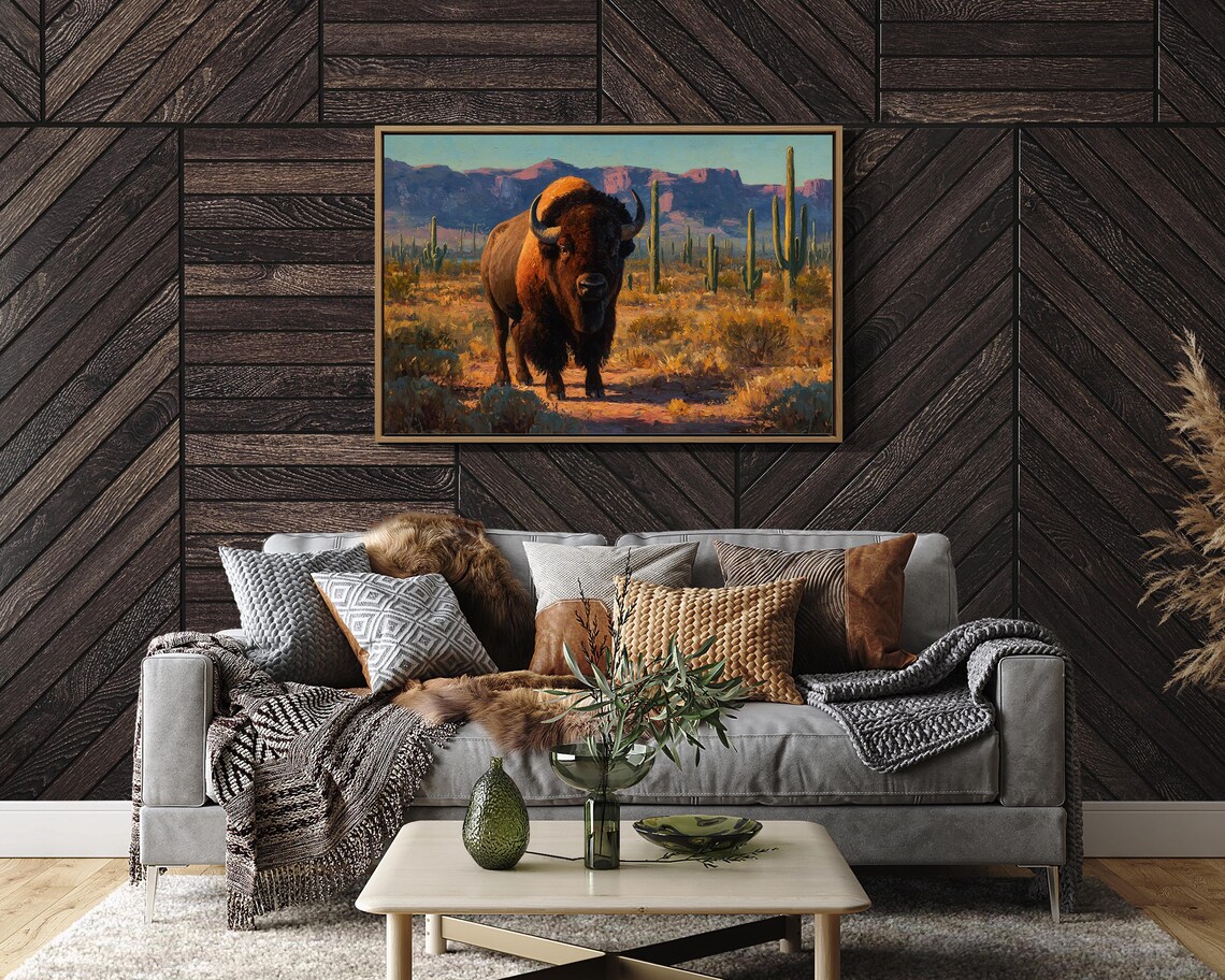 Majestic Bison In Desert Cactus Landscape Realistic Oil Art Poster
