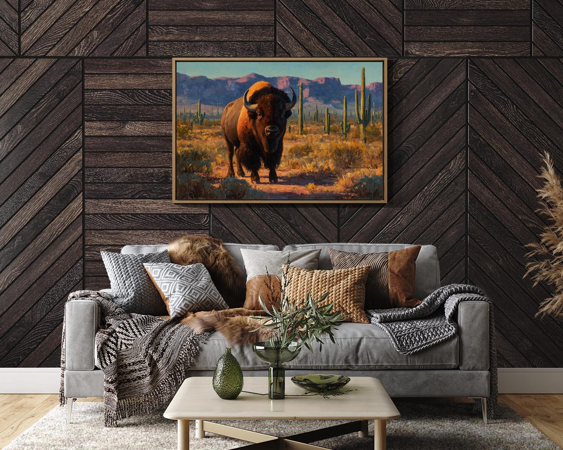 Majestic Bison In Desert Cactus Landscape
