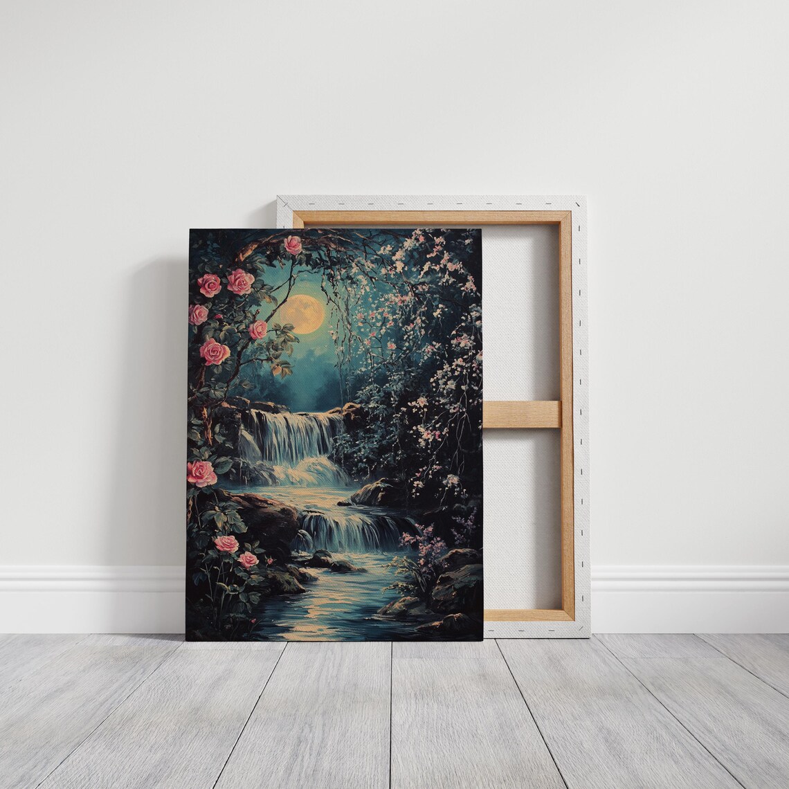 Moonlit Waterfall With Roses Romantic Floral Night Scene Art Poster - Image 3