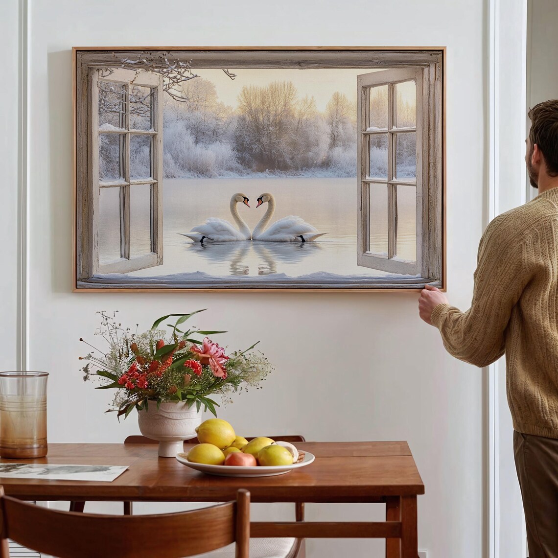 Two Swans Heart Shape Winter Window Lake View Romantic Poster - Image 2